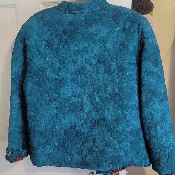 Carole Little Teal green Women's quilted Blazer with bright Floral Lining - Picture 4 of 6